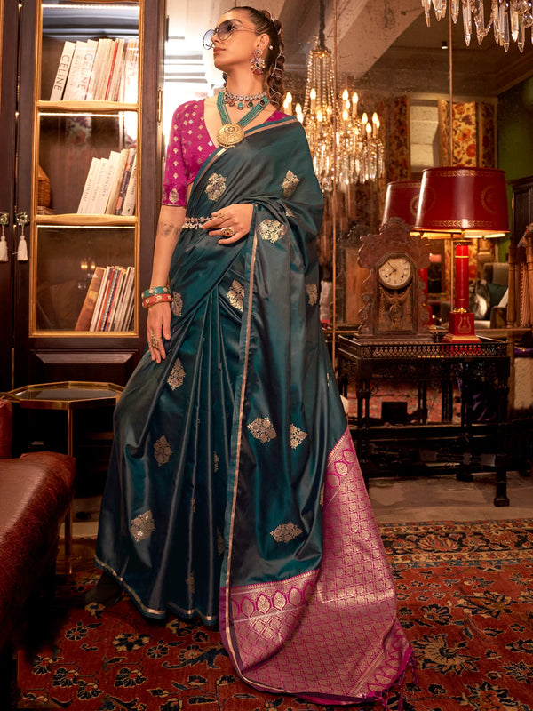 Fantastic Blue Zari Weaving Satin Event Wear Saree With Blouse - Zeel Clothing