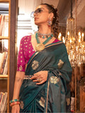 Fantastic Blue Zari Weaving Satin Event Wear Saree With Blouse - Zeel Clothing