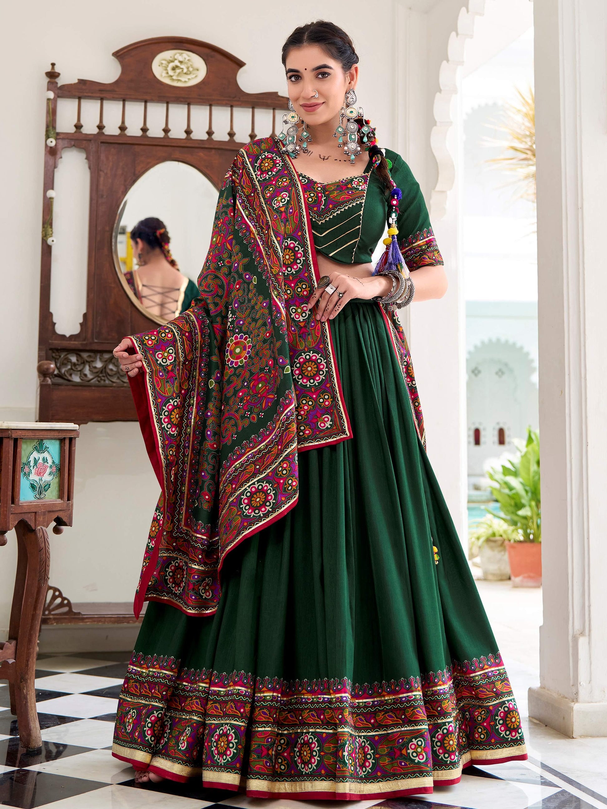 Fantastic Bottle Green Gamthi Print Tussar Silk Navratri Wear Lehenga Choli - Zeel Clothing