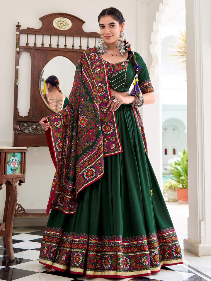Fantastic Bottle Green Gamthi Print Tussar Silk Navratri Wear Lehenga Choli - Zeel Clothing