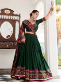 Fantastic Bottle Green Gamthi Print Tussar Silk Navratri Wear Lehenga Choli - Zeel Clothing