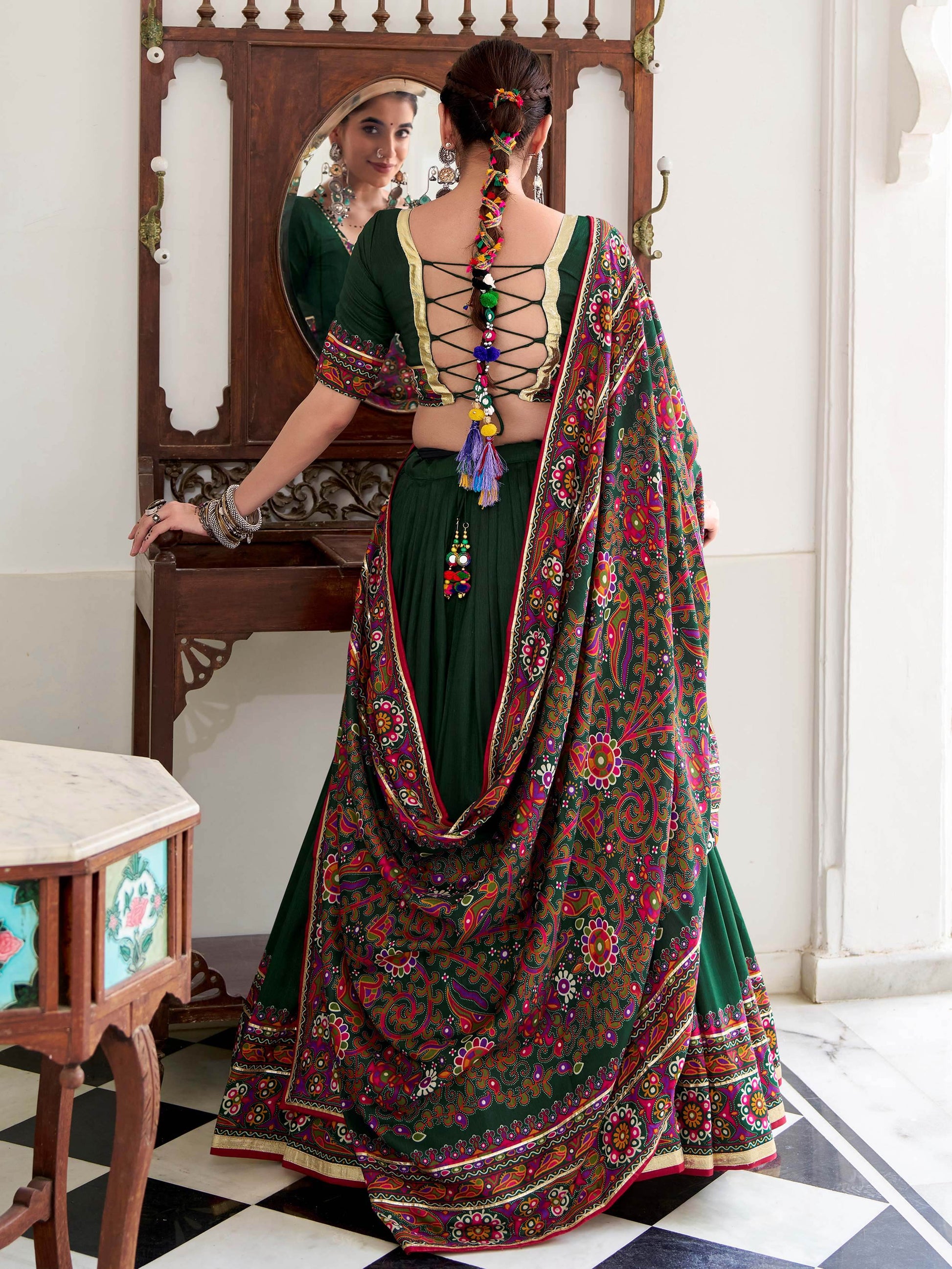 Fantastic Bottle Green Gamthi Print Tussar Silk Navratri Wear Lehenga Choli - Zeel Clothing