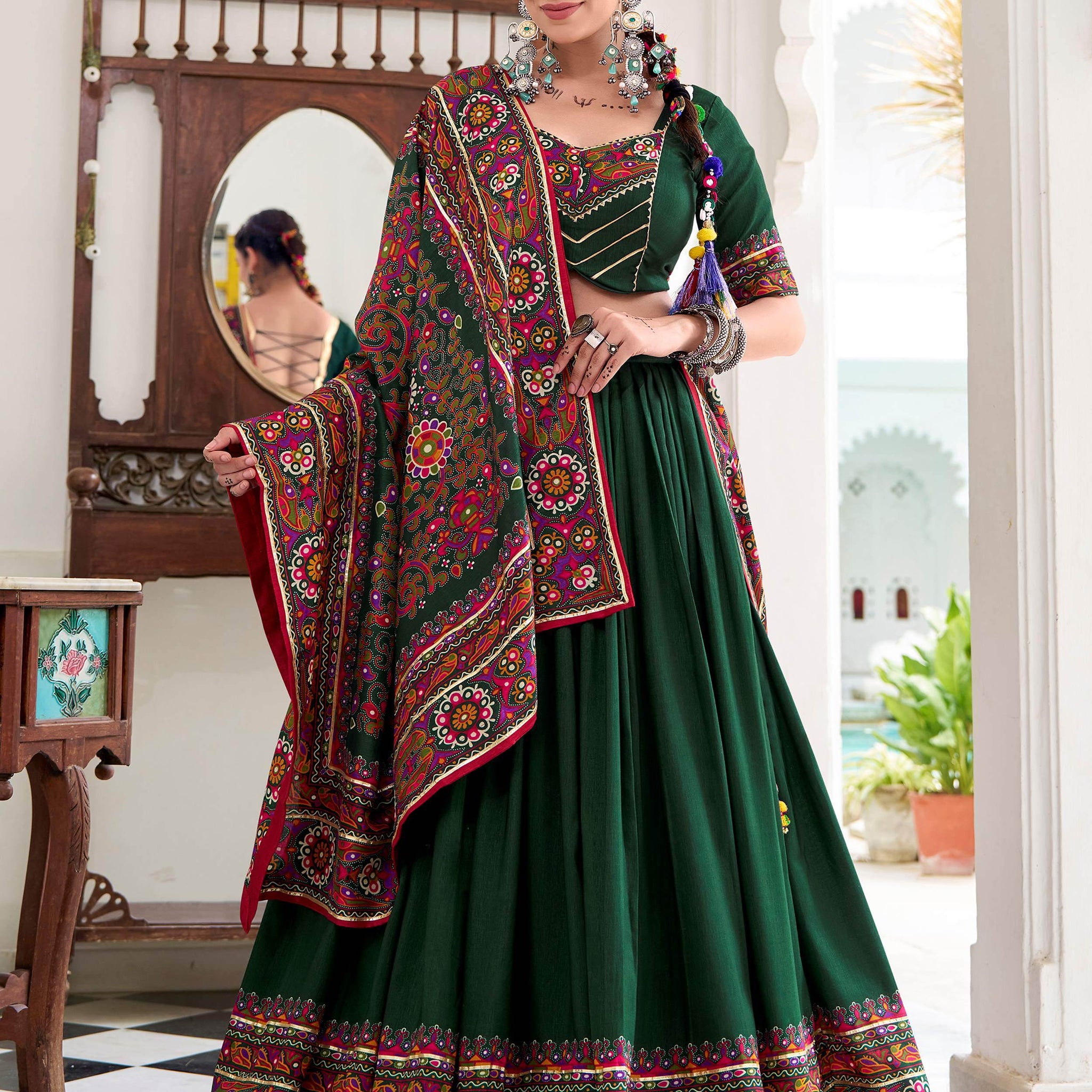 Fantastic Bottle Green Gamthi Print Tussar Silk Navratri Wear Lehenga Choli - Zeel Clothing
