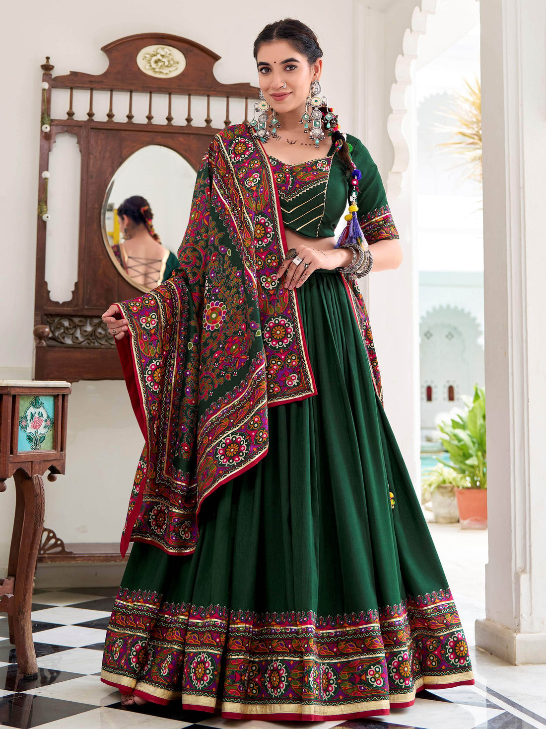 Fantastic Bottle Green Gamthi Print Tussar Silk Navratri Wear Lehenga Choli - Zeel Clothing