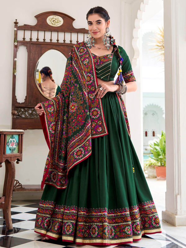 Fantastic Bottle Green Gamthi Print Tussar Silk Navratri Wear Lehenga Choli - Zeel Clothing