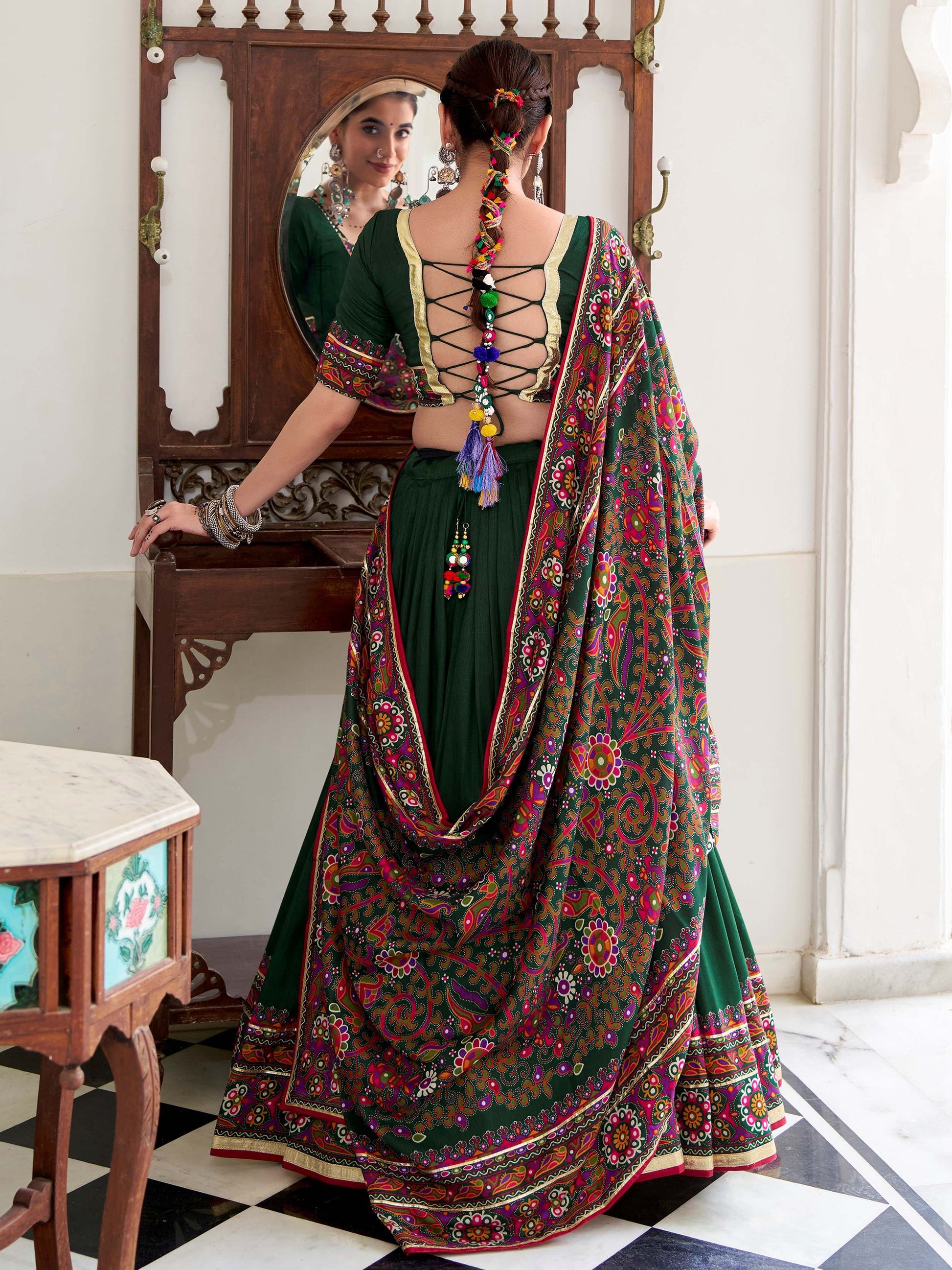 Fantastic Bottle Green Gamthi Print Tussar Silk Navratri Wear Lehenga Choli - Zeel Clothing
