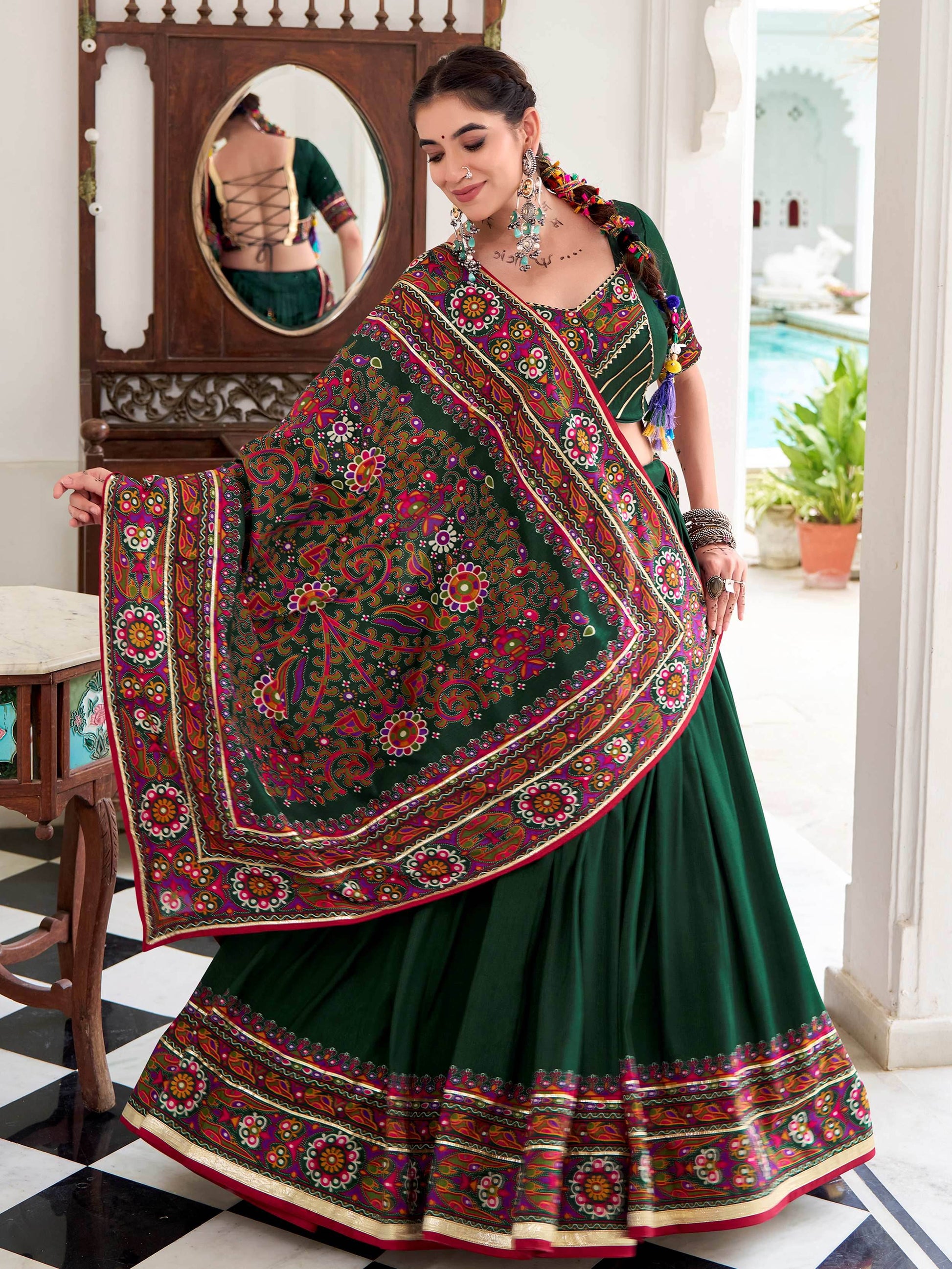 Fantastic Bottle Green Gamthi Print Tussar Silk Navratri Wear Lehenga Choli - Zeel Clothing