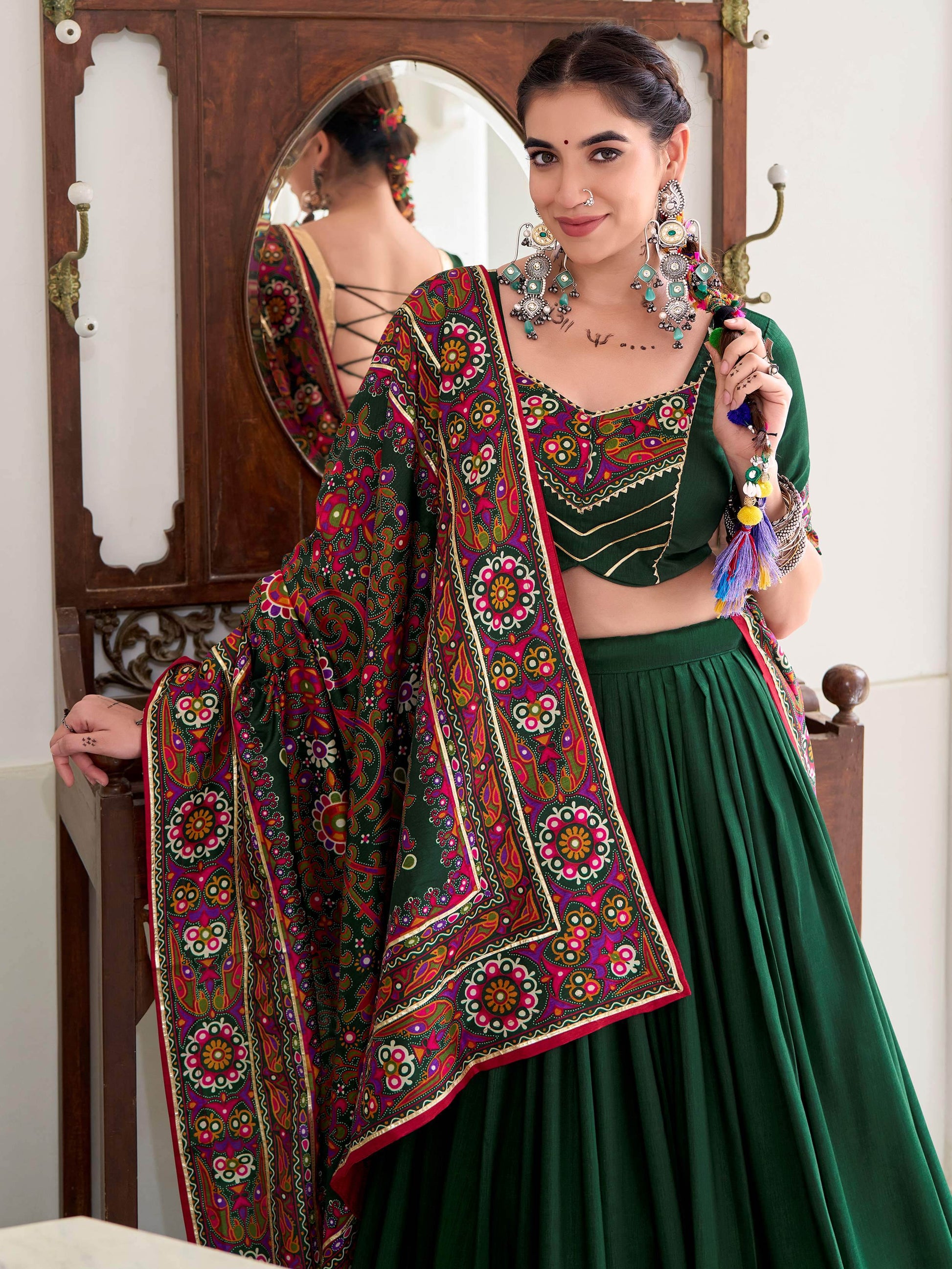 Fantastic Bottle Green Gamthi Print Tussar Silk Navratri Wear Lehenga Choli - Zeel Clothing