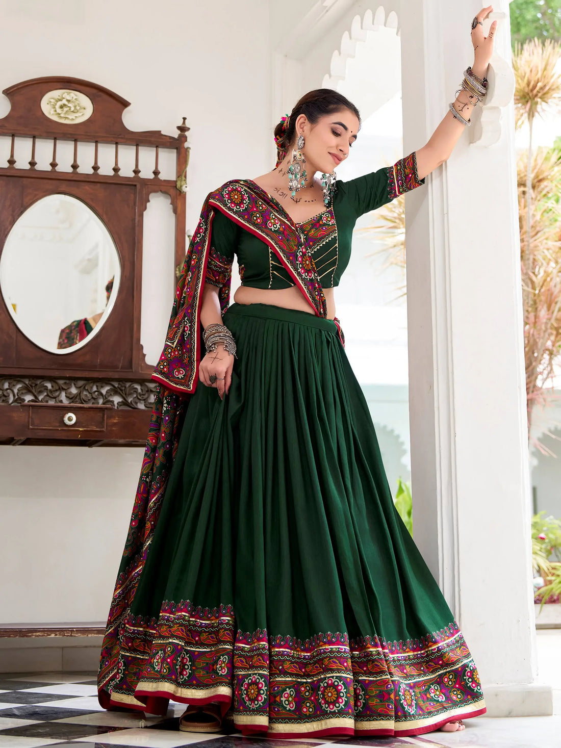 Fantastic Bottle Green Gamthi Print Tussar Silk Navratri Wear Lehenga Choli - Zeel Clothing