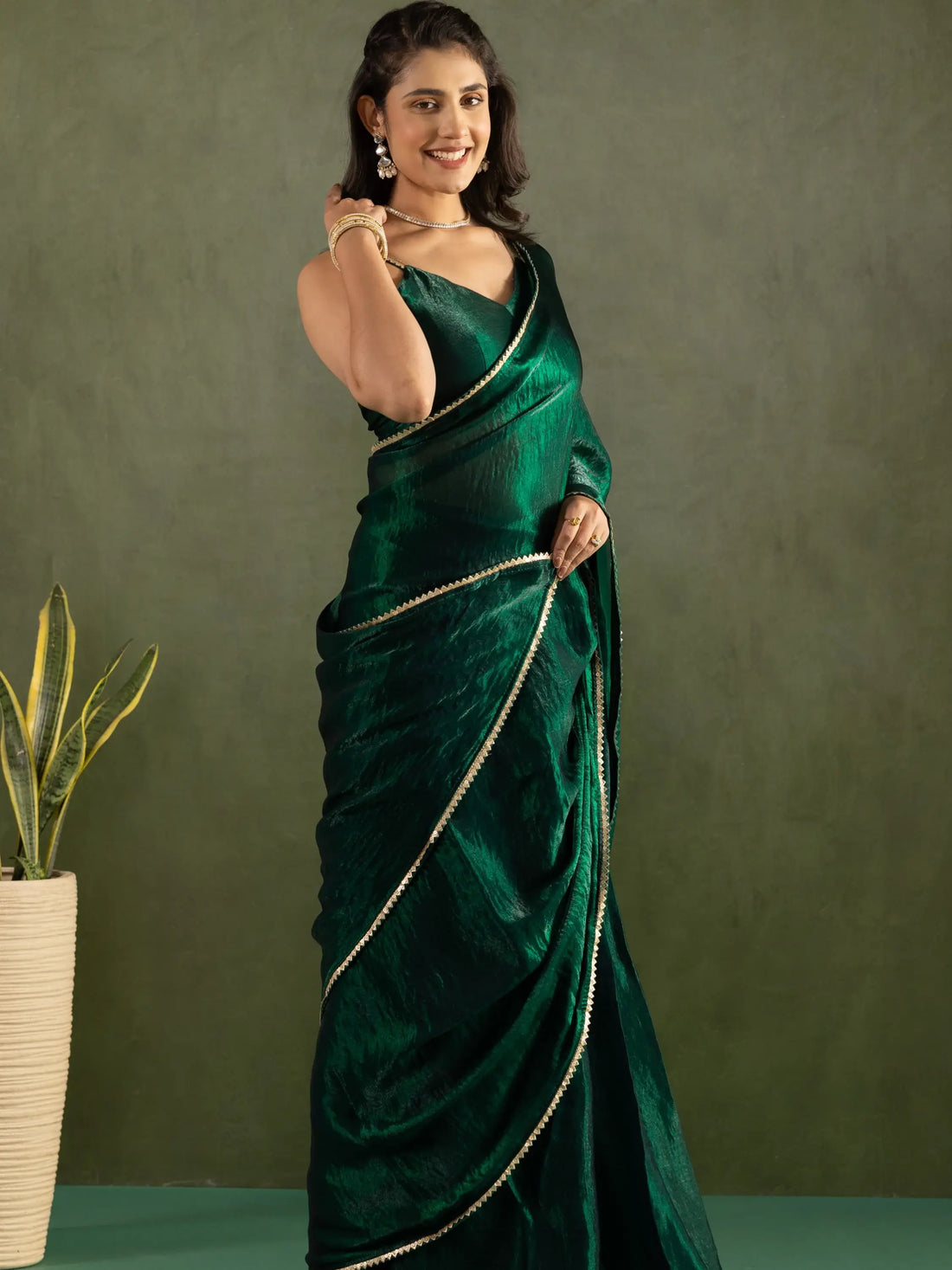Fantastic Bottle Green Lace Bordered Chiffon Party Wear Pre-Stitched Saree - Zeel Clothing