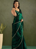 Fantastic Bottle Green Lace Bordered Chiffon Party Wear Pre-Stitched Saree - Zeel Clothing