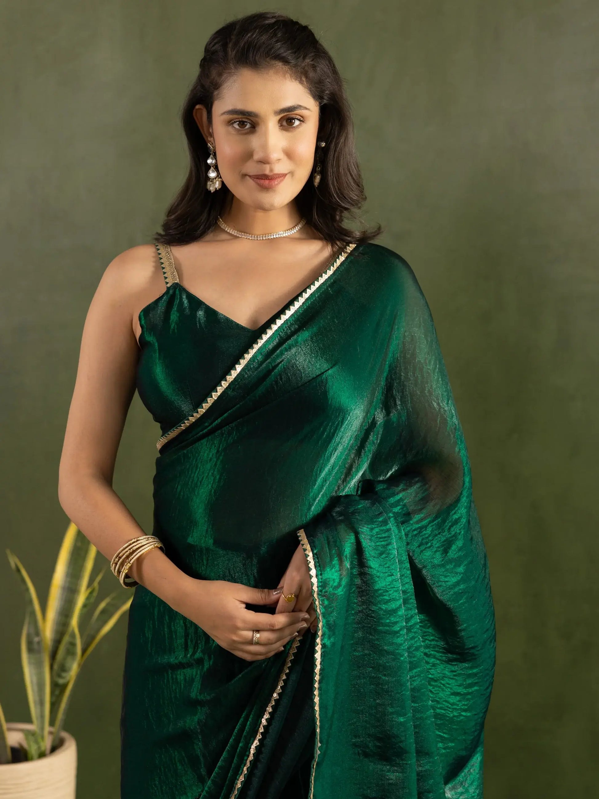 Fantastic Bottle Green Lace Bordered Chiffon Party Wear Pre-Stitched Saree - Zeel Clothing