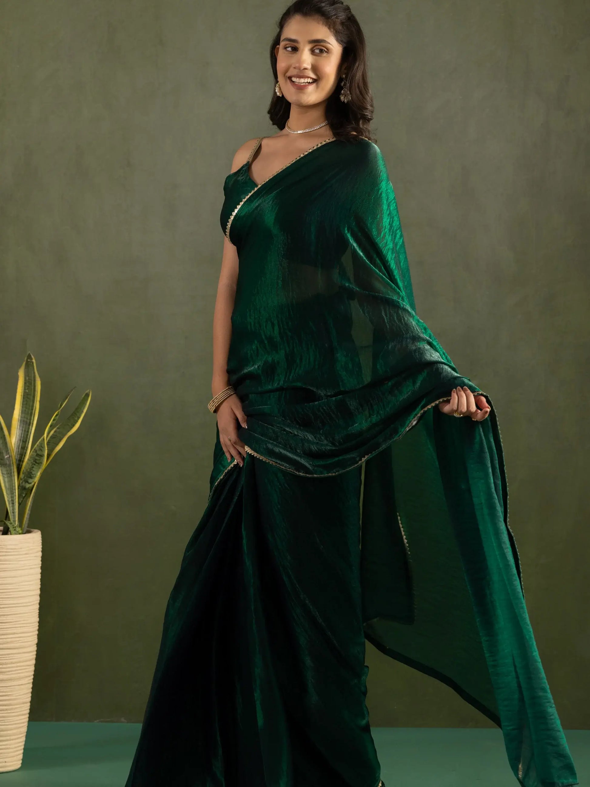 Fantastic Bottle Green Lace Bordered Chiffon Party Wear Pre-Stitched Saree - Zeel Clothing
