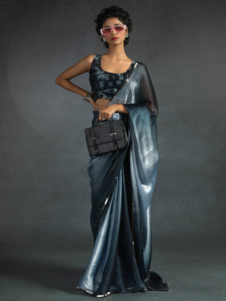 Fantastic Dusty Blue Satin Party Wear Pre-Stitched Saree With Blouse - Zeel Clothing