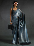 Fantastic Dusty Blue Satin Party Wear Pre-Stitched Saree With Blouse - Zeel Clothing