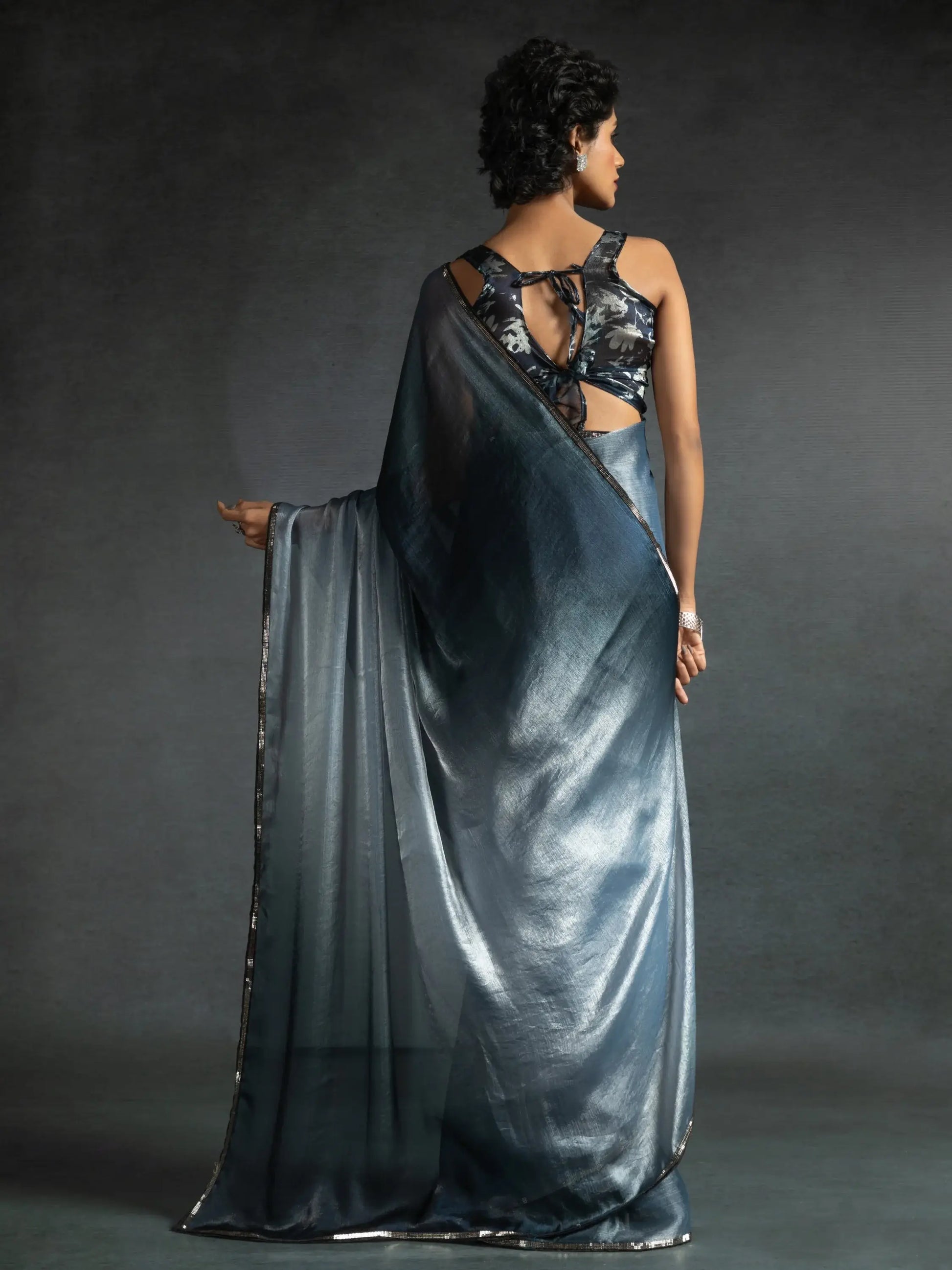 Fantastic Dusty Blue Satin Party Wear Pre-Stitched Saree With Blouse - Zeel Clothing