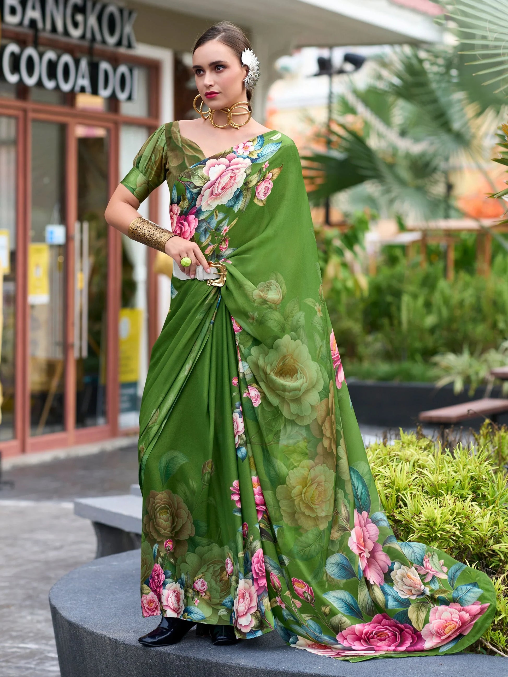 Fantastic Green Floral Printed Georgette Festival Wear Saree With Blouse - Zeel Clothing