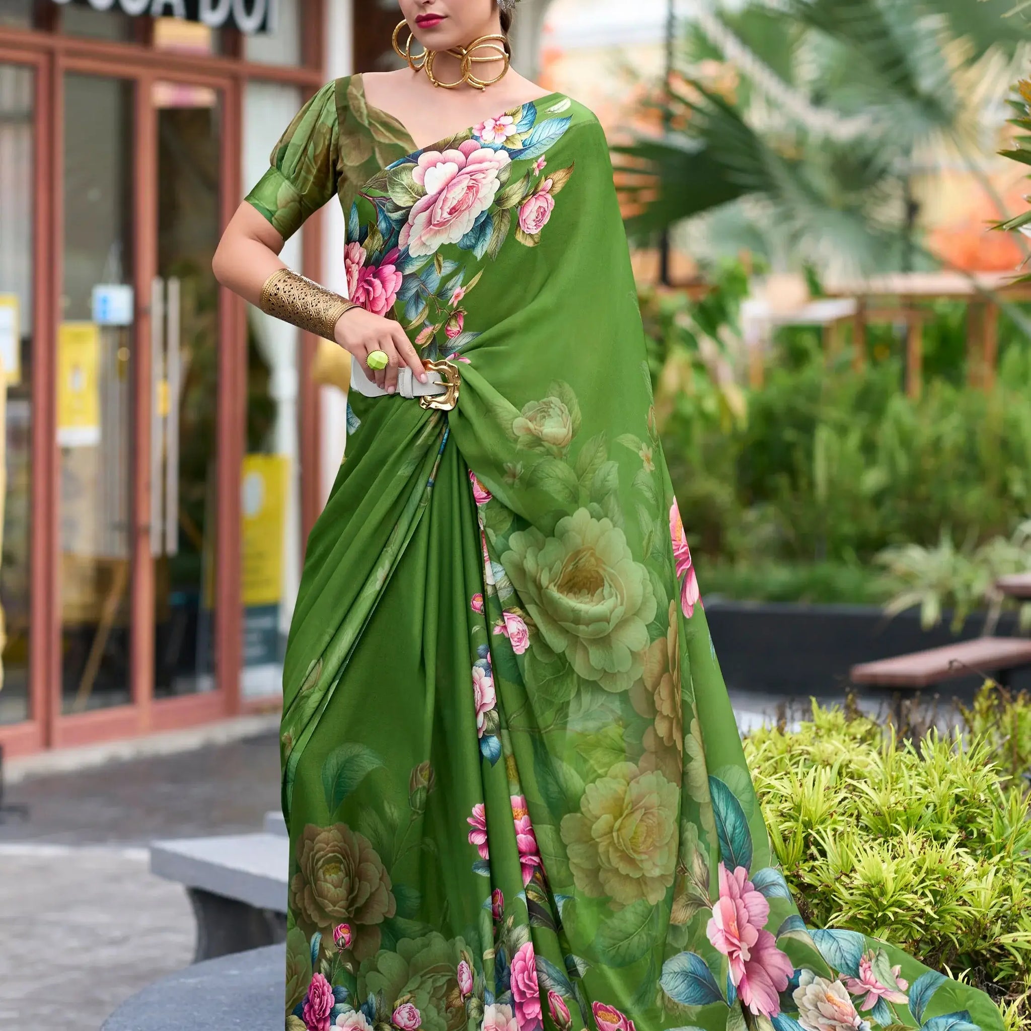 Fantastic Green Floral Printed Georgette Festival Wear Saree With Blouse - Zeel Clothing