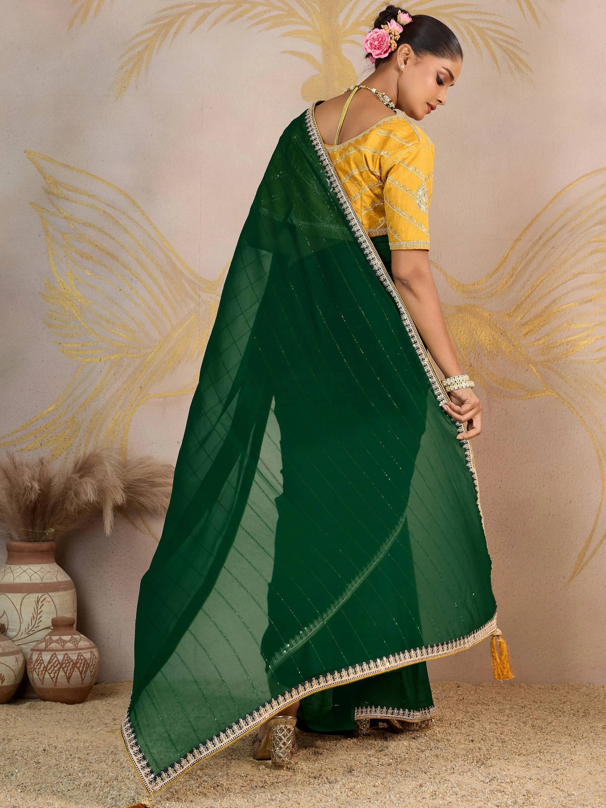 Fantastic Green Sequins Georgette Mehendi Wear Saree With Blouse