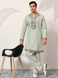 Fantastic Green Sequins Work Viscose Silk Engagement Wear Men’s Kurta