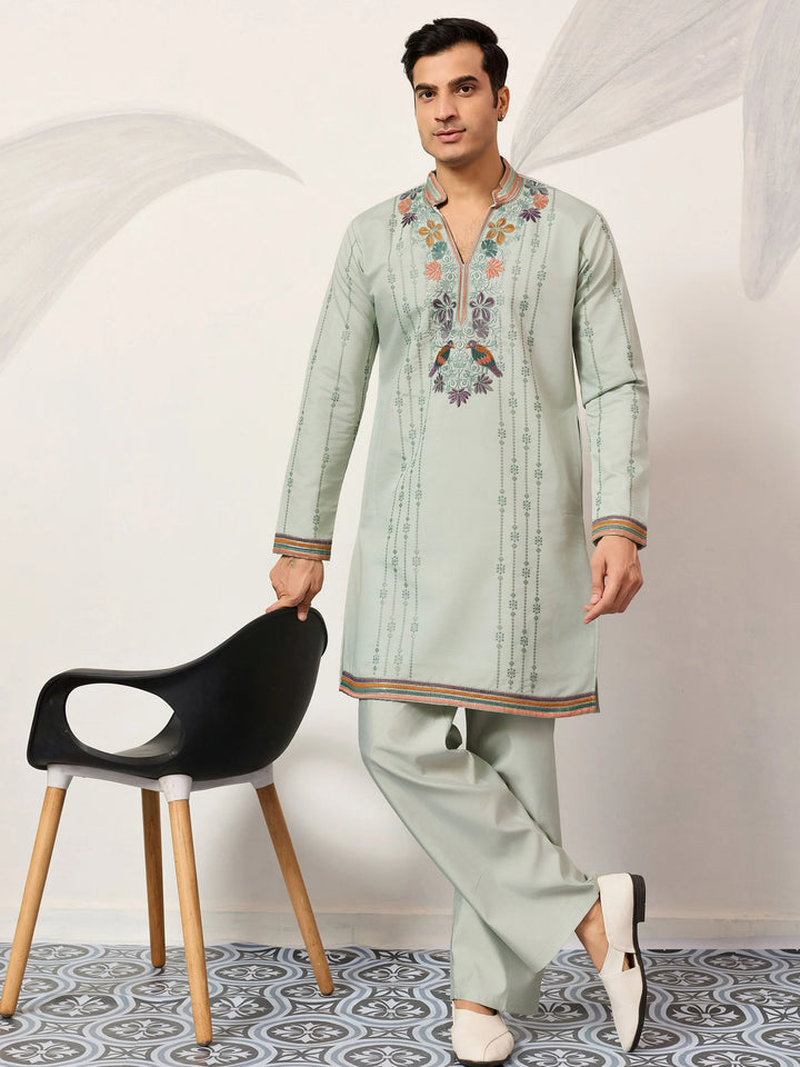 Fantastic Green Sequins Work Viscose Silk Engagement Wear Men’s Kurta