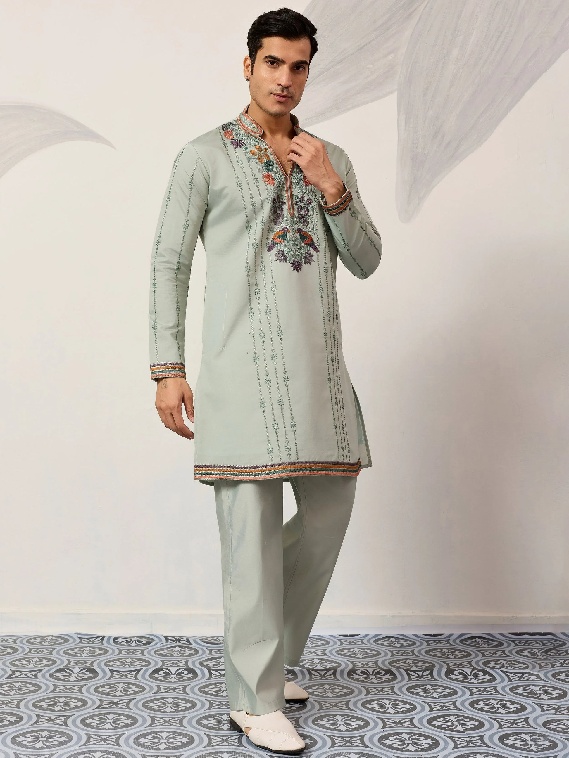 Fantastic Green Sequins Work Viscose Silk Engagement Wear Men’s Kurta