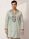 Fantastic Green Sequins Work Viscose Silk Engagement Wear Men’s Kurta