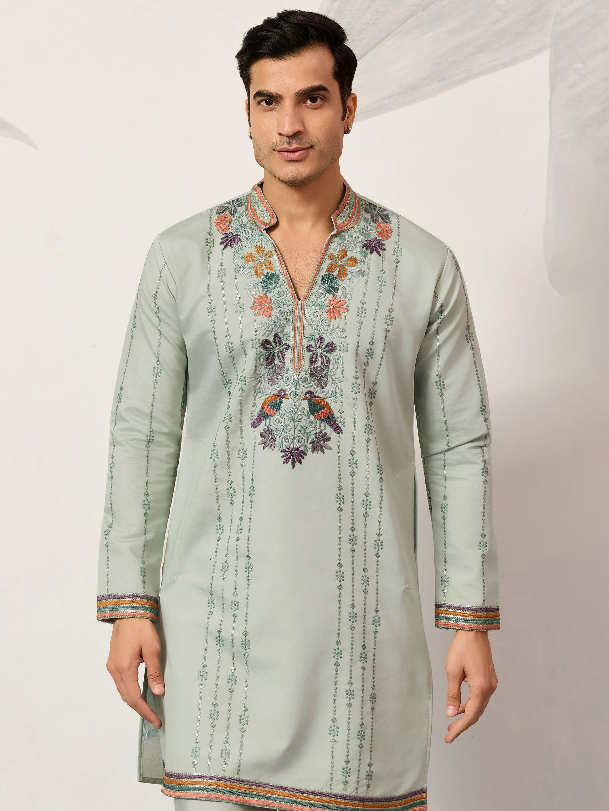 Fantastic Green Sequins Work Viscose Silk Engagement Wear Men’s Kurta