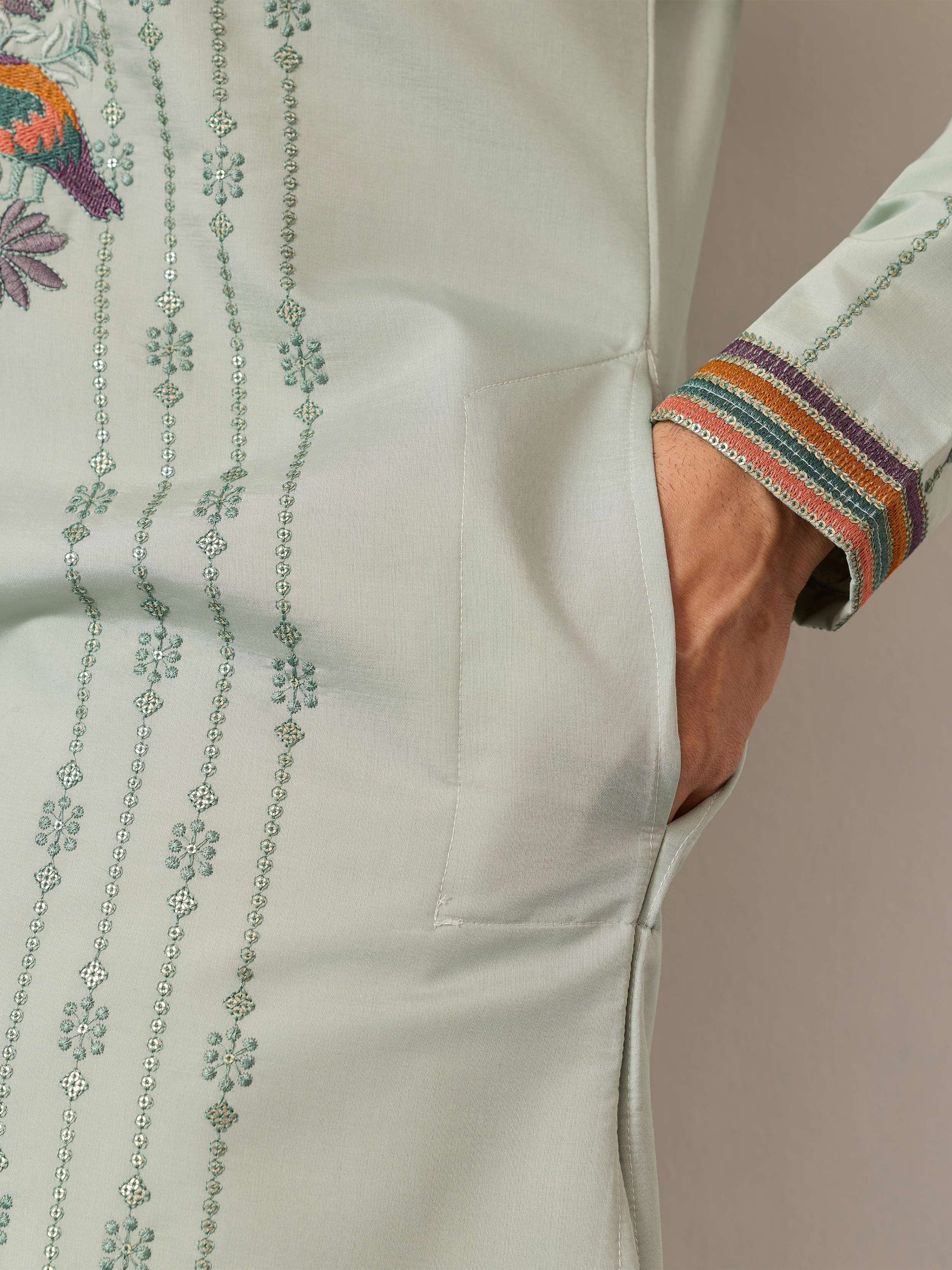 Fantastic Green Sequins Work Viscose Silk Engagement Wear Men’s Kurta