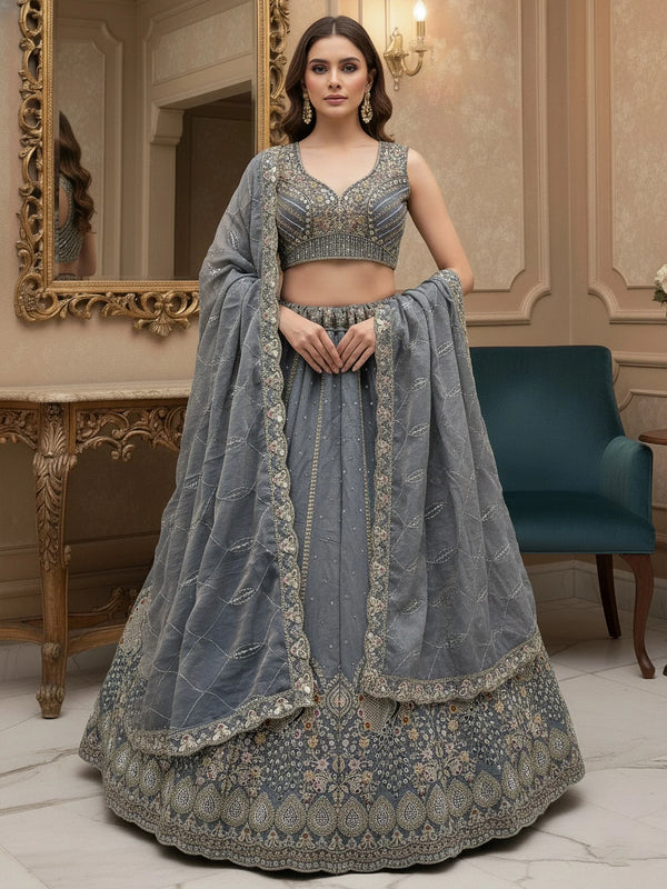 Fantastic Grey Embroidered Silk Reception Wear Lehenga Choli With Dupatta