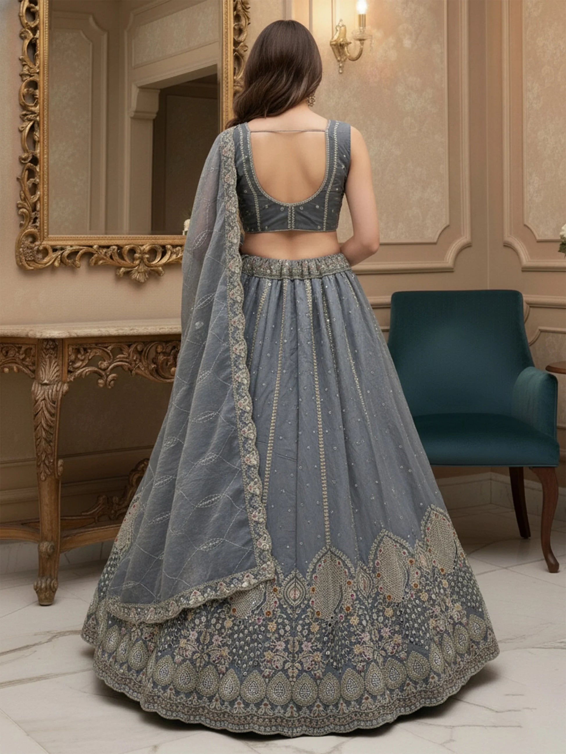 Fantastic Grey Embroidered Silk Reception Wear Lehenga Choli With Dupatta
