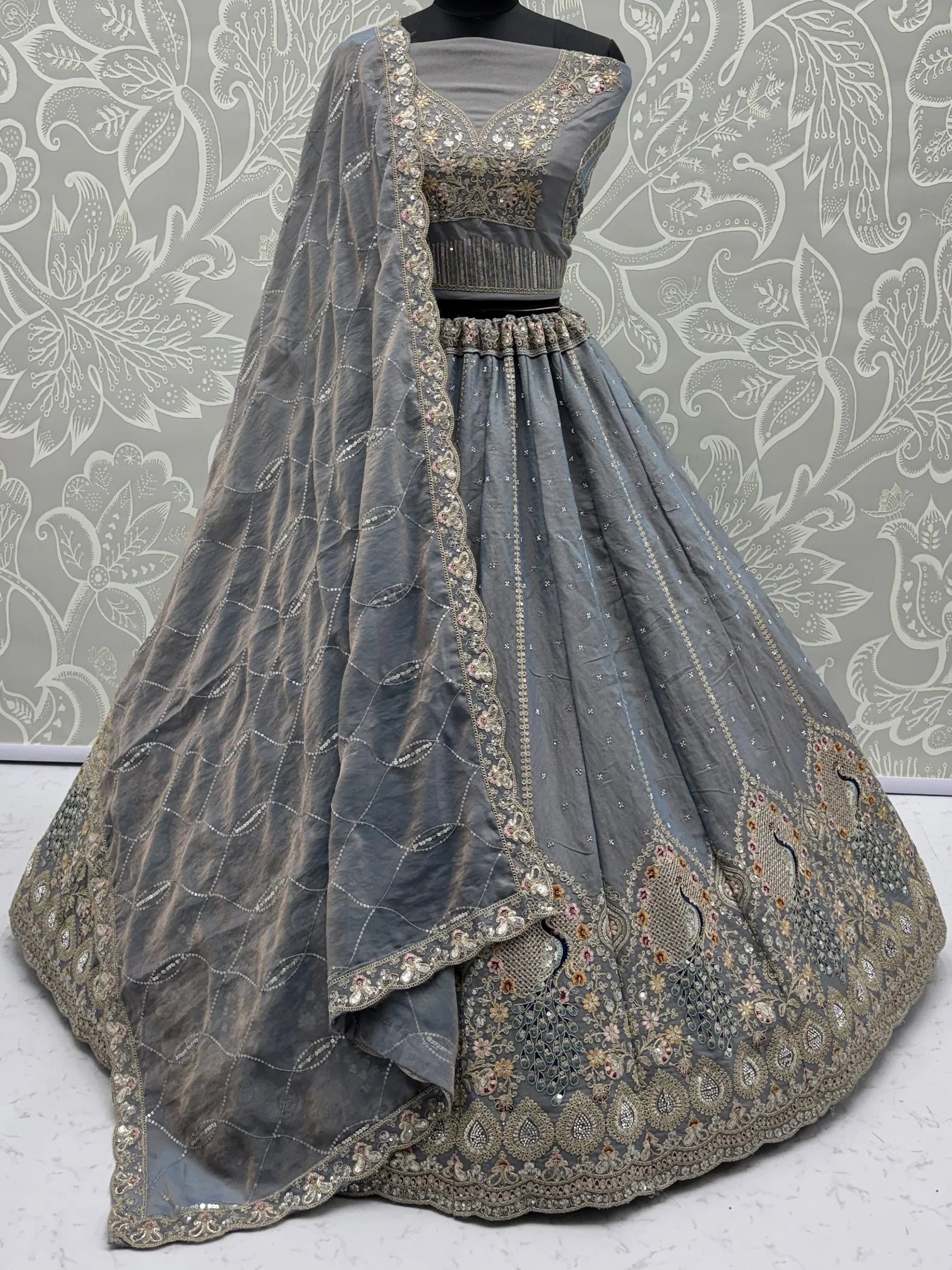 Fantastic Grey Embroidered Silk Reception Wear Lehenga Choli With Dupatta