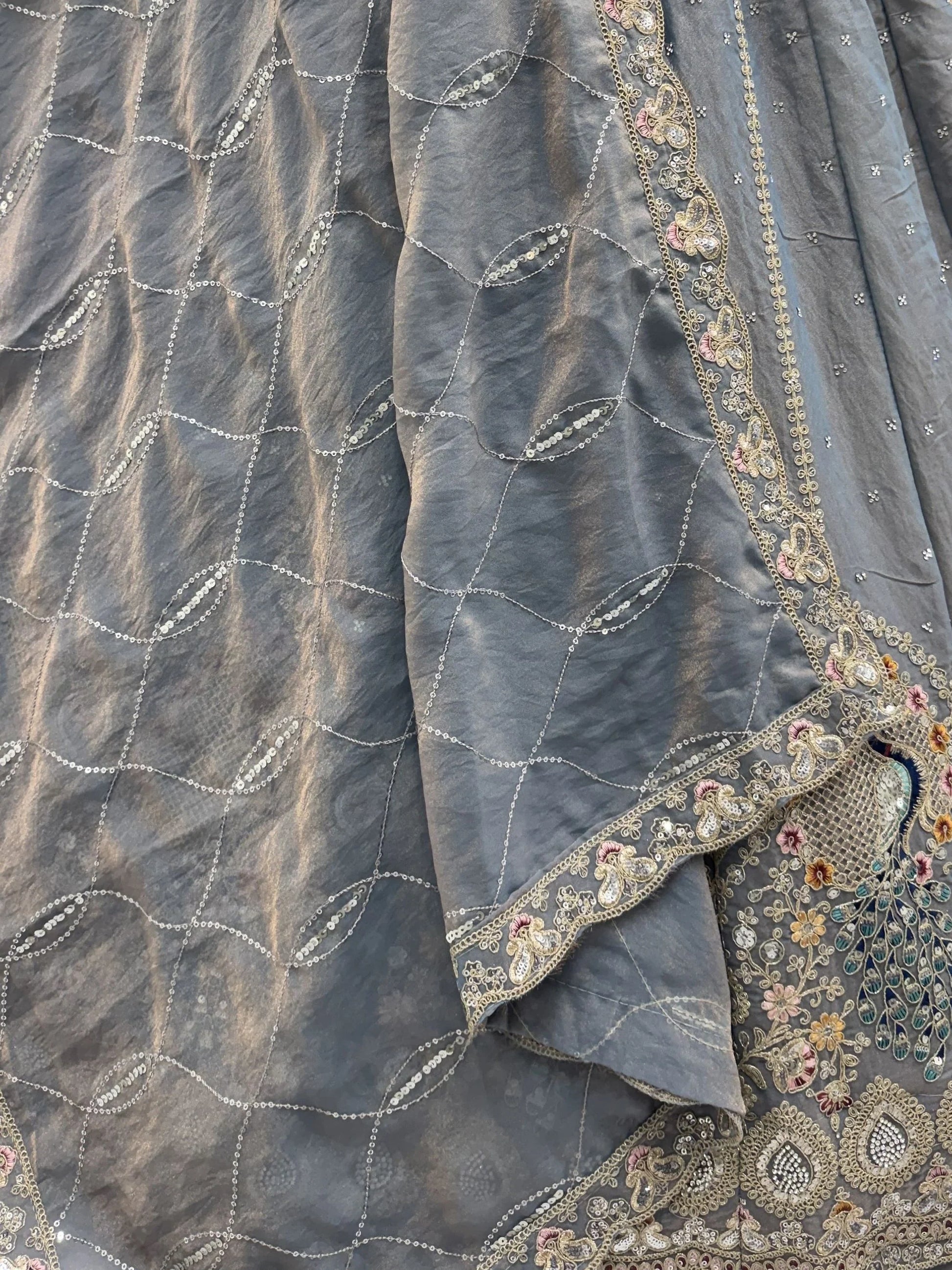 Fantastic Grey Embroidered Silk Reception Wear Lehenga Choli With Dupatta