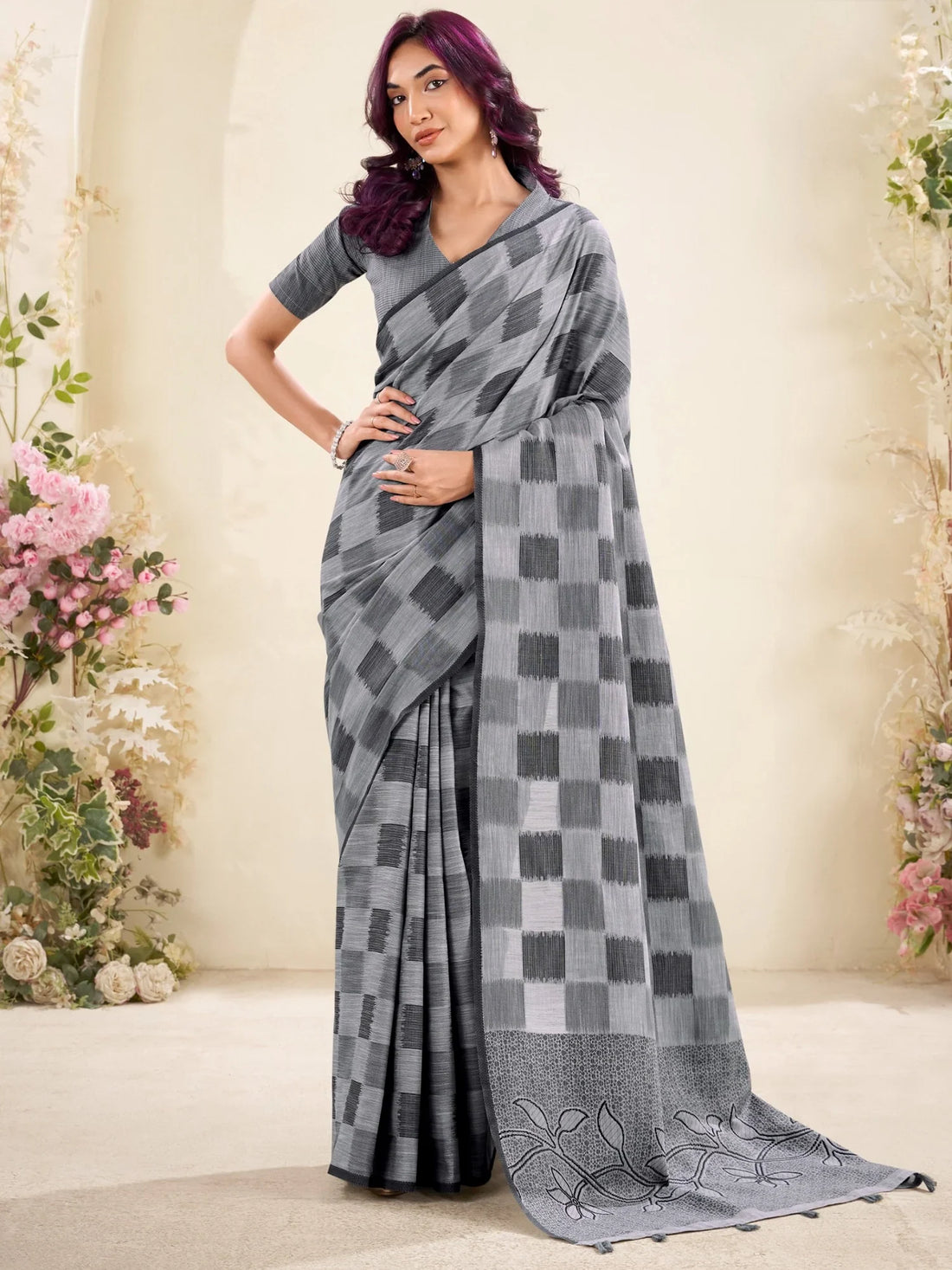 Fantastic Grey Checks Printed Linen Office Wear Saree With Blouse