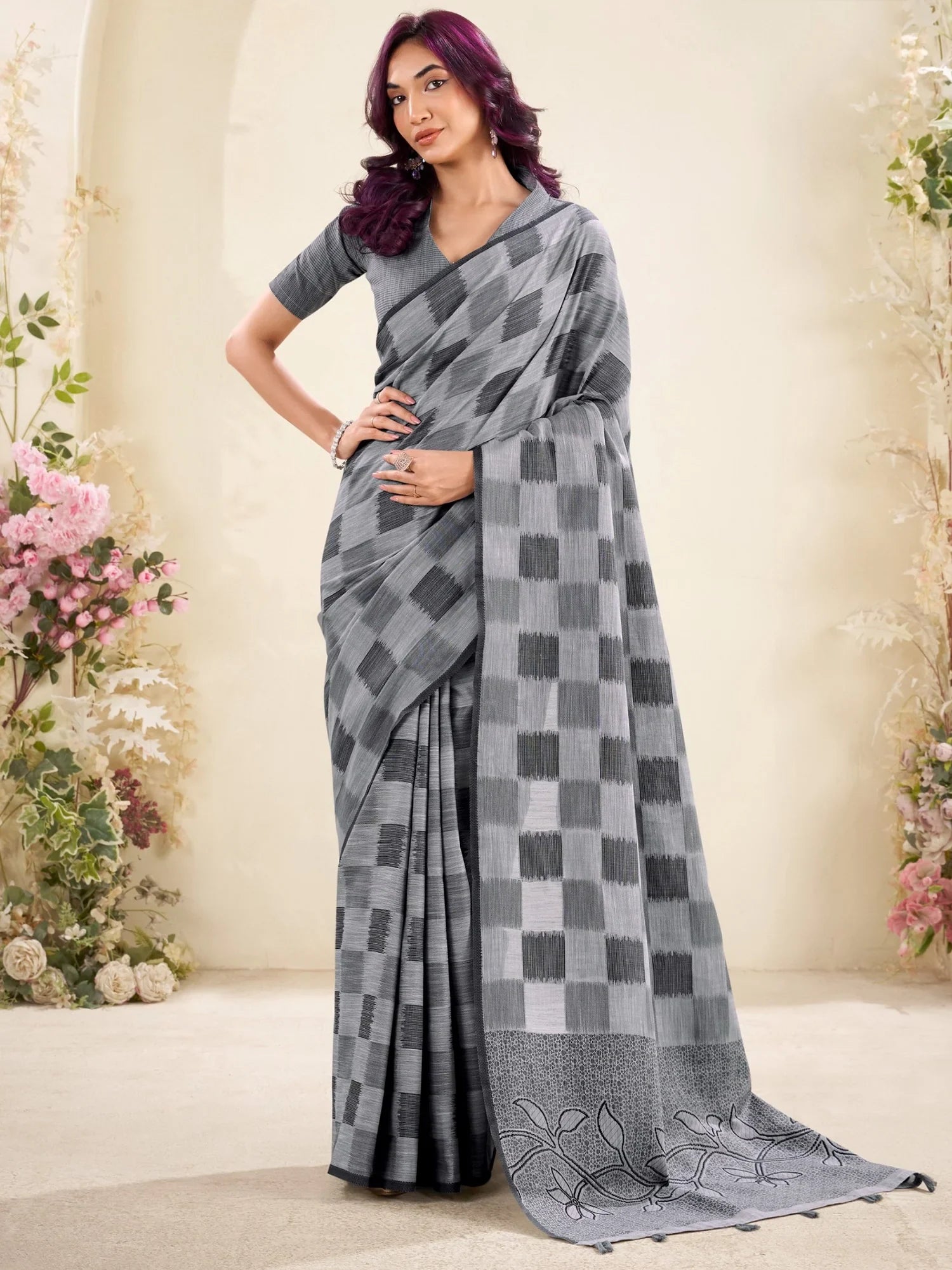 Fantastic Grey Checks Printed Linen Office Wear Saree With Blouse