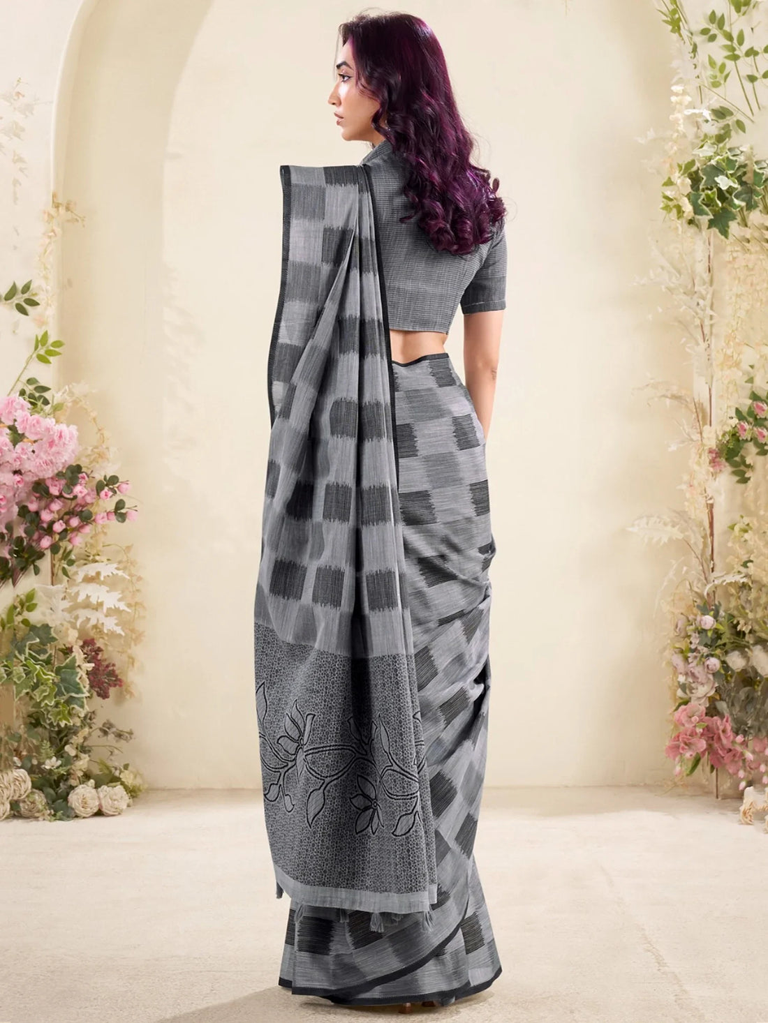 Fantastic Grey Checks Printed Linen Office Wear Saree With Blouse