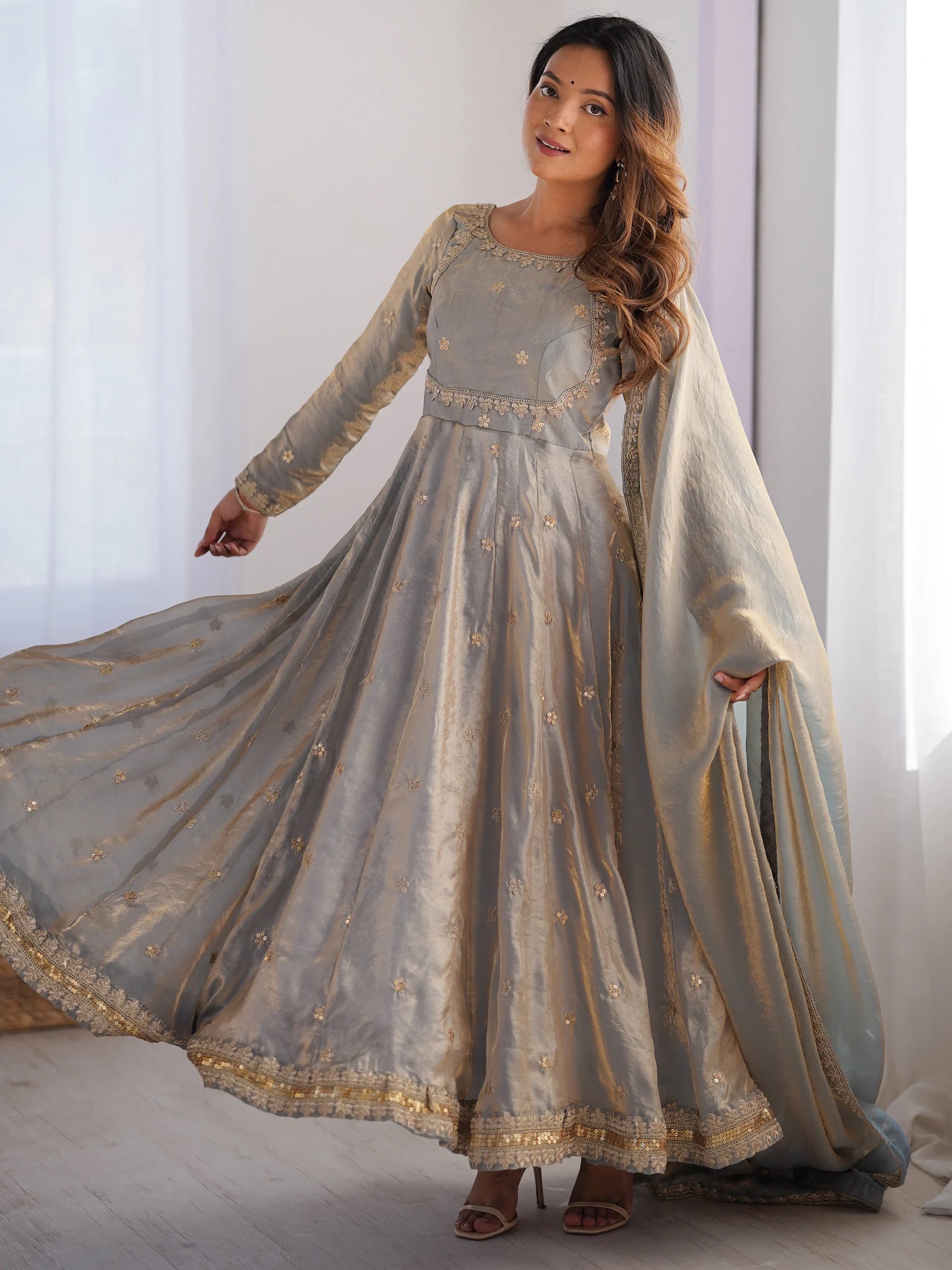 Fantastic Grey Sequins Silk Event Wear Gown With Dupatta - Zeel Clothing