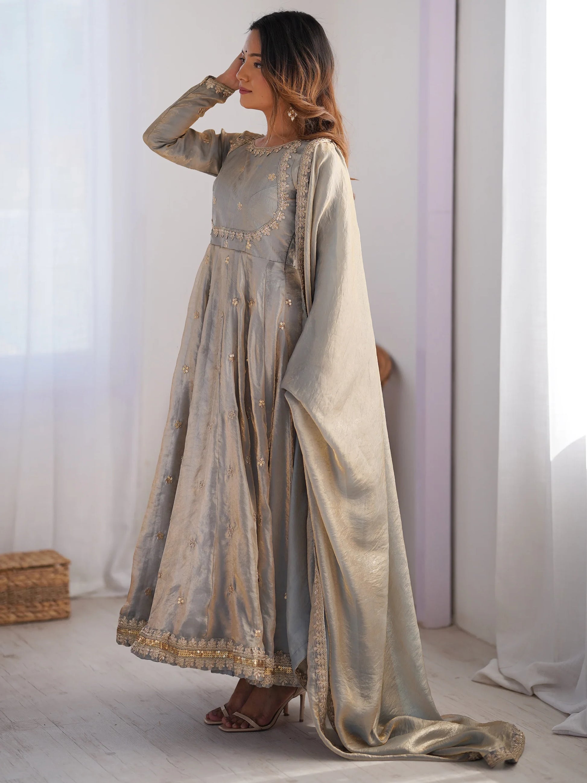 Fantastic Grey Sequins Silk Event Wear Gown With Dupatta - Zeel Clothing