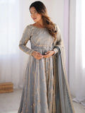 Fantastic Grey Sequins Silk Event Wear Gown With Dupatta - Zeel Clothing