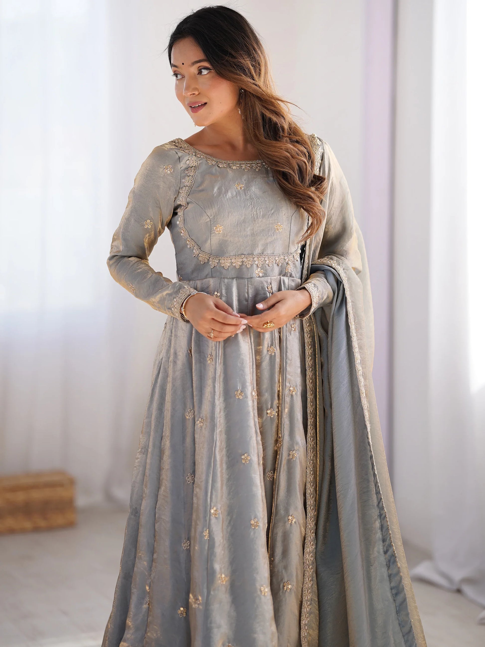 Fantastic Grey Sequins Silk Event Wear Gown With Dupatta - Zeel Clothing