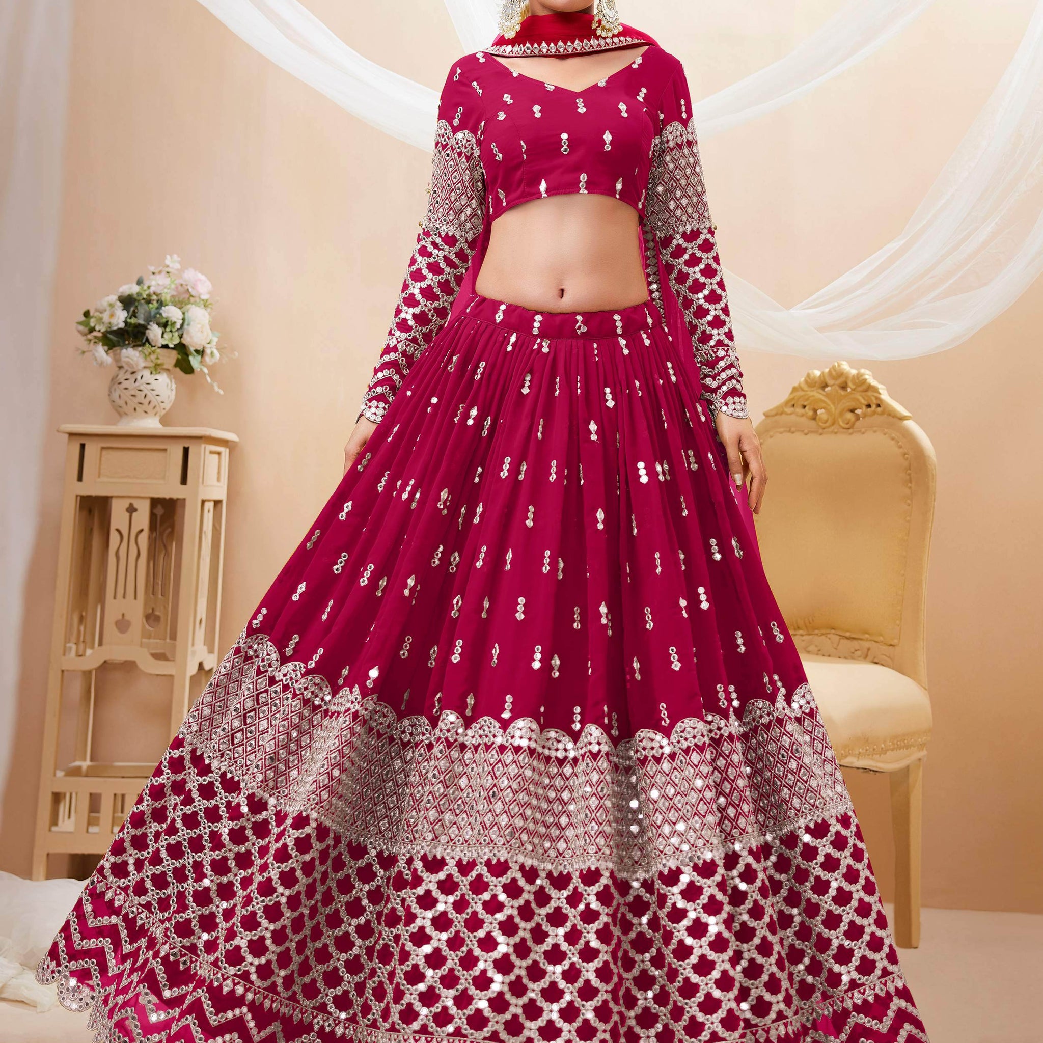 Fantastic Hot Pink Sequins Georgette Wedding Wear Lehenga Choli - Zeel Clothing