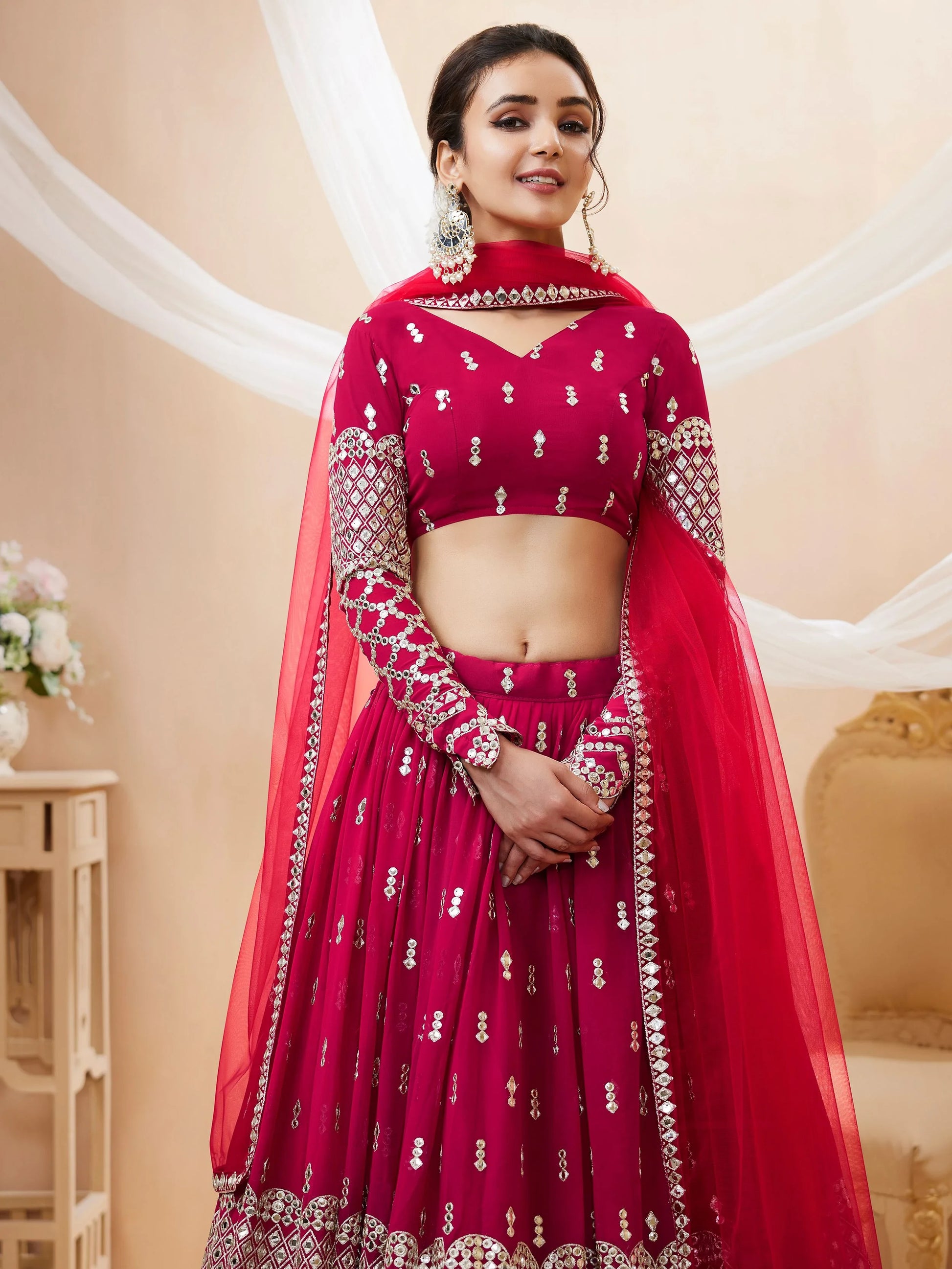 Fantastic Hot Pink Sequins Georgette Wedding Wear Lehenga Choli - Zeel Clothing