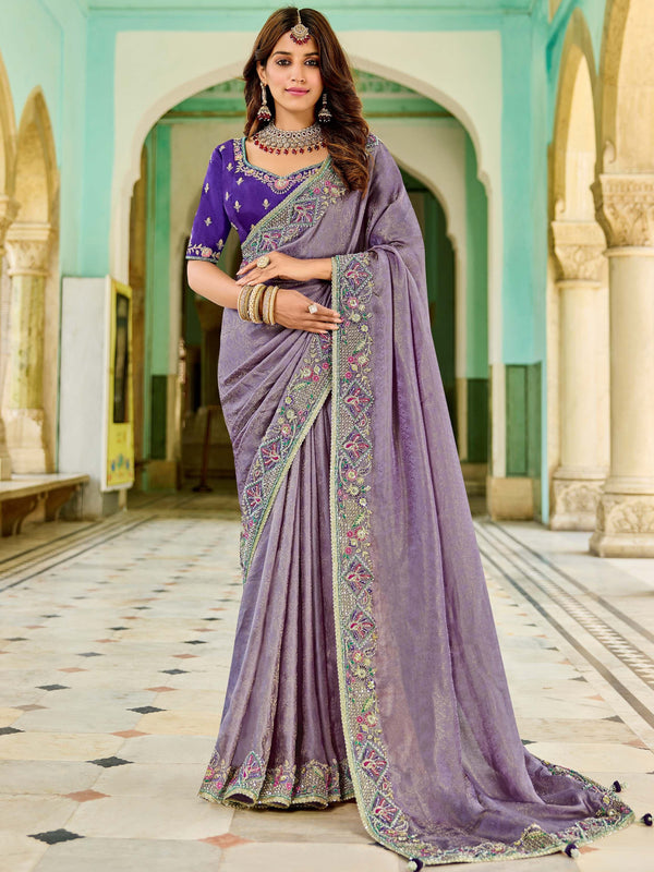 Fantastic Lavender Purple Zari Weaving Tissue Wedding Wear Saree