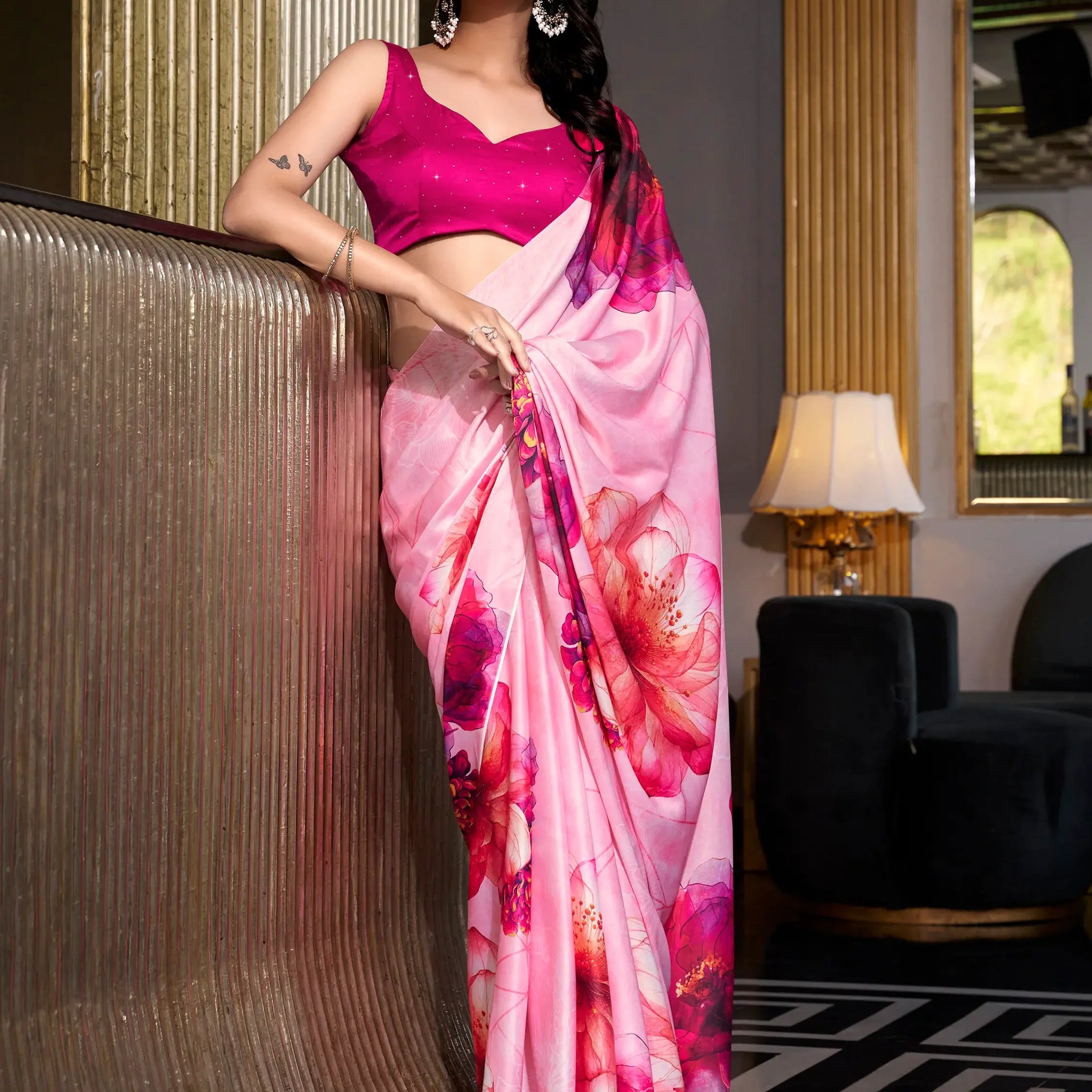 Fantastic Light Pink Floral Printed Satin Office Wear Saree With Blouse - Zeel Clothing