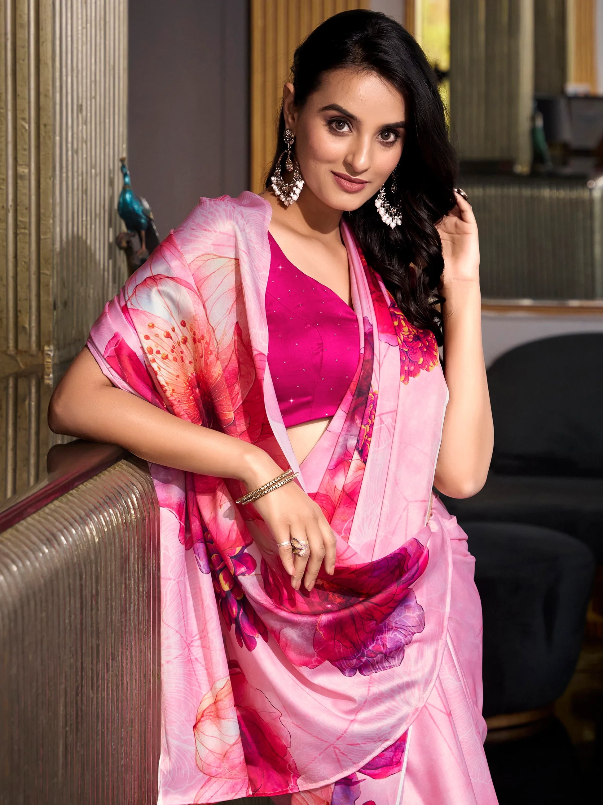 Fantastic Light Pink Floral Printed Satin Office Wear Saree With Blouse - Zeel Clothing