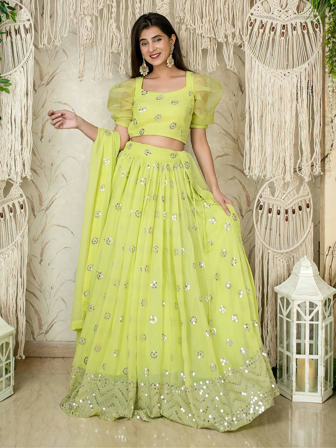 Fantastic Lime Green Sequins Georgette Engagment Wear Lehenga Choli - Zeel Clothing