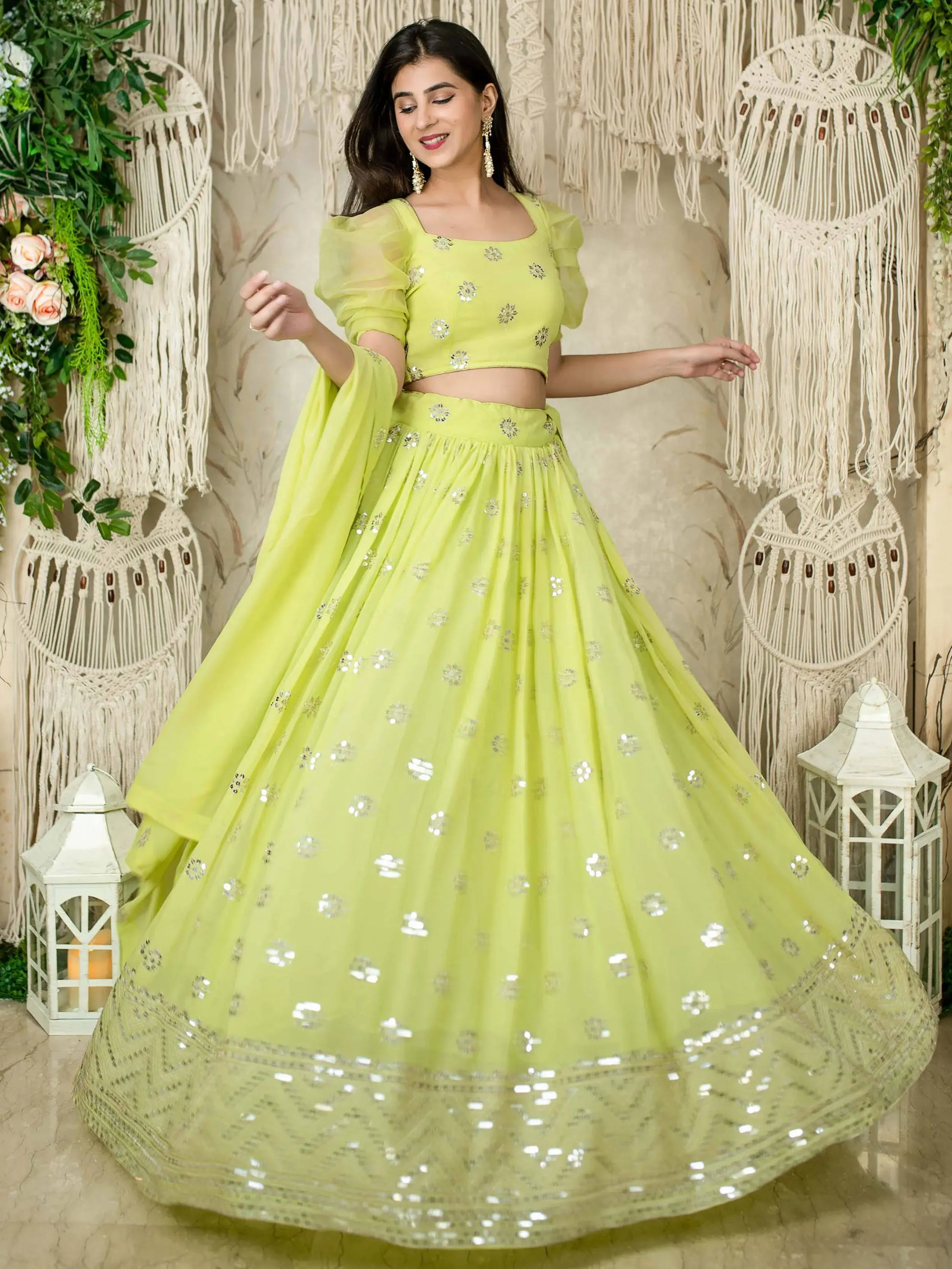 Fantastic Lime Green Sequins Georgette Engagment Wear Lehenga Choli - Zeel Clothing
