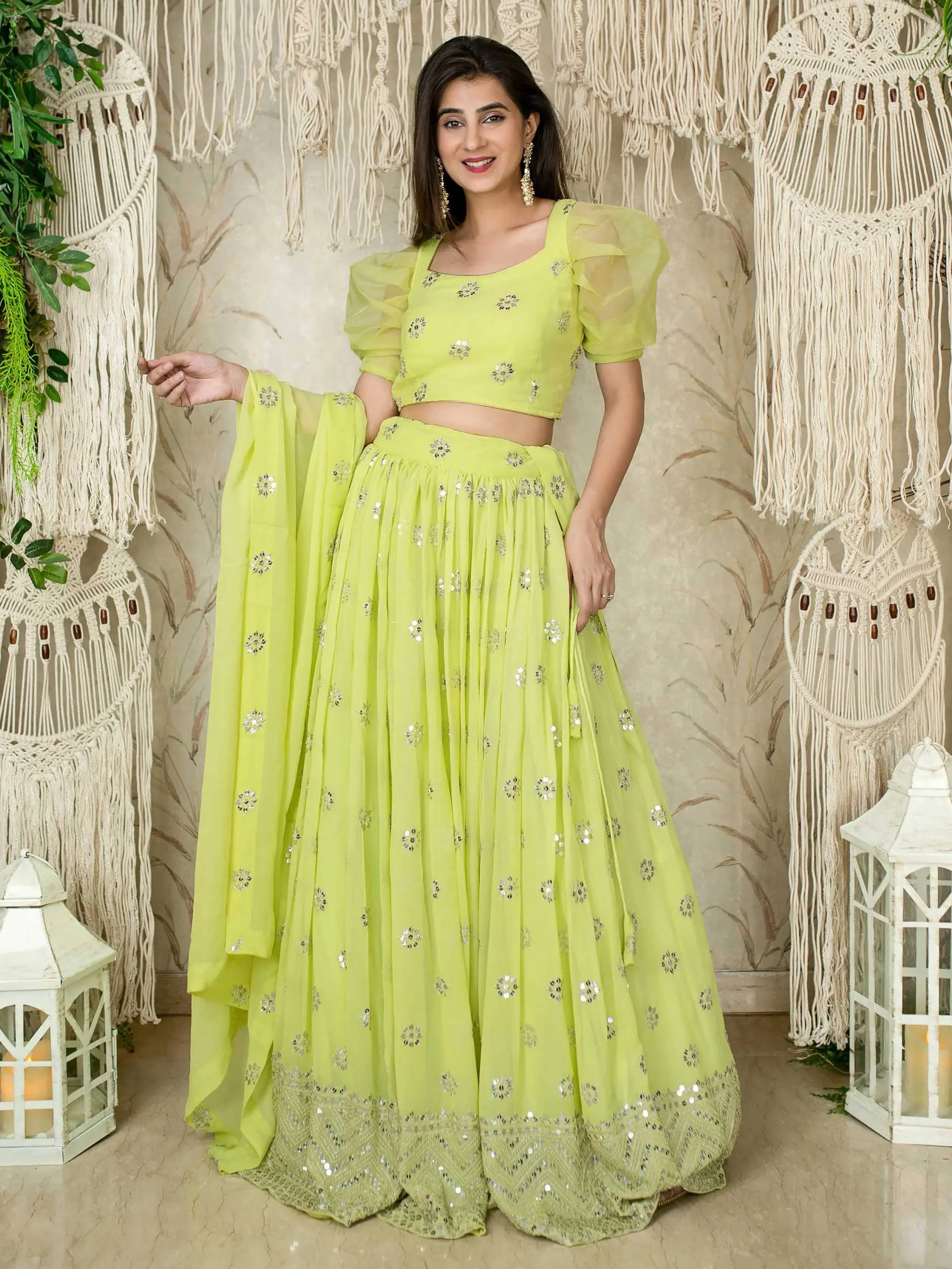 Fantastic Lime Green Sequins Georgette Engagment Wear Lehenga Choli - Zeel Clothing