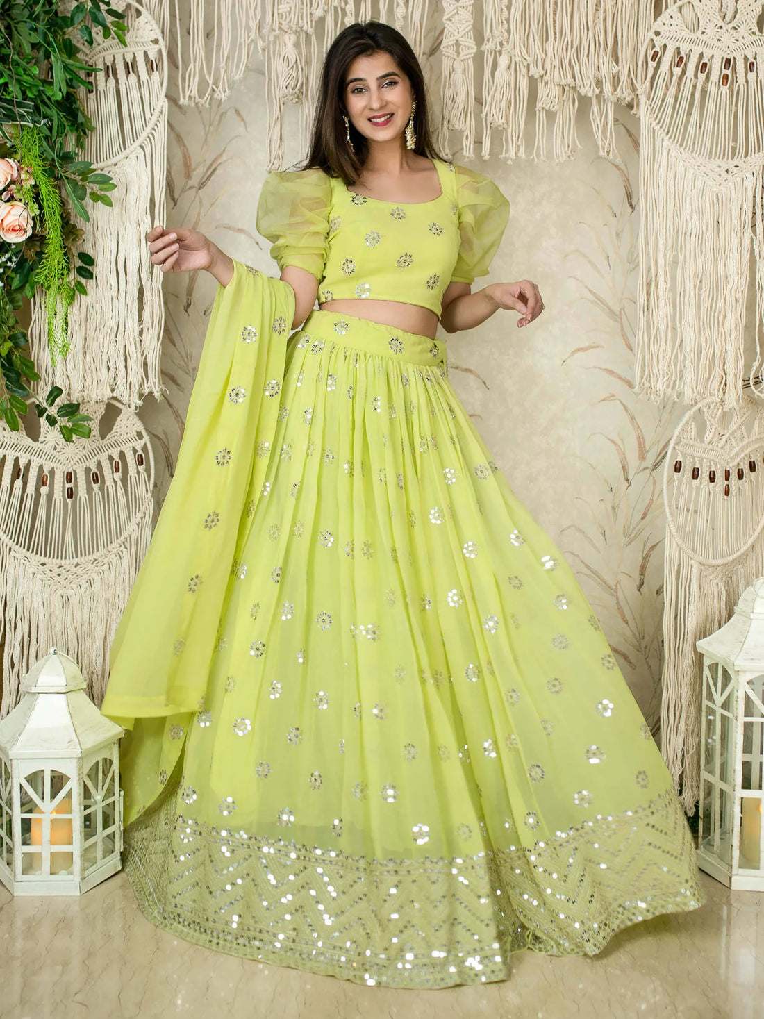 Fantastic Lime Green Sequins Georgette Engagment Wear Lehenga Choli - Zeel Clothing
