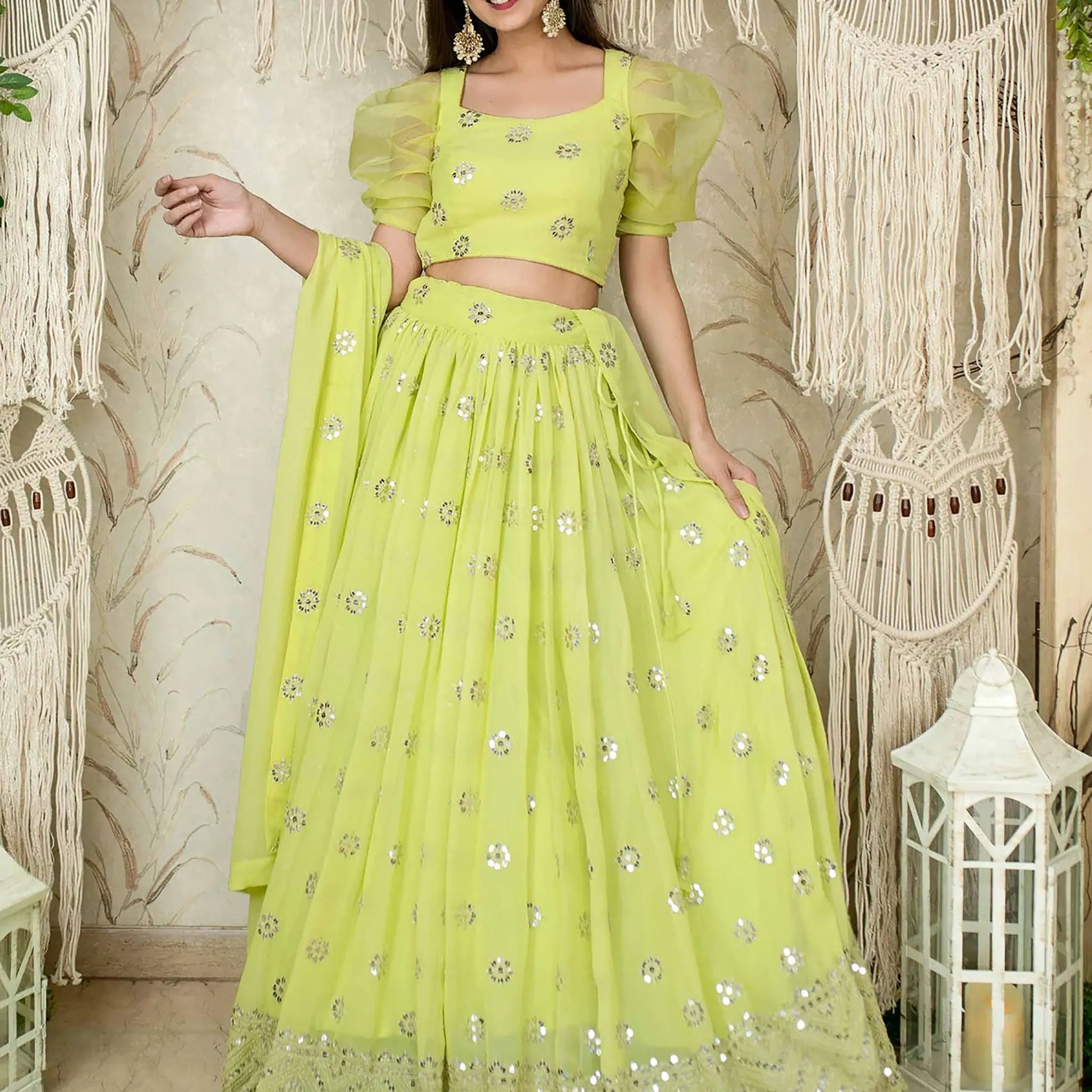 Fantastic Lime Green Sequins Georgette Engagment Wear Lehenga Choli - Zeel Clothing